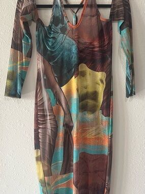 PrettyLittleThing Teal, Brown & Yellow Abstract Long Sleeve Bodycon Dress